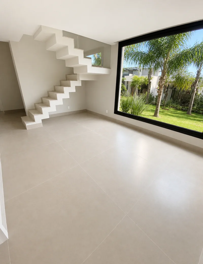 Sala com escada em concreto aparente, obra da WD Engenharia